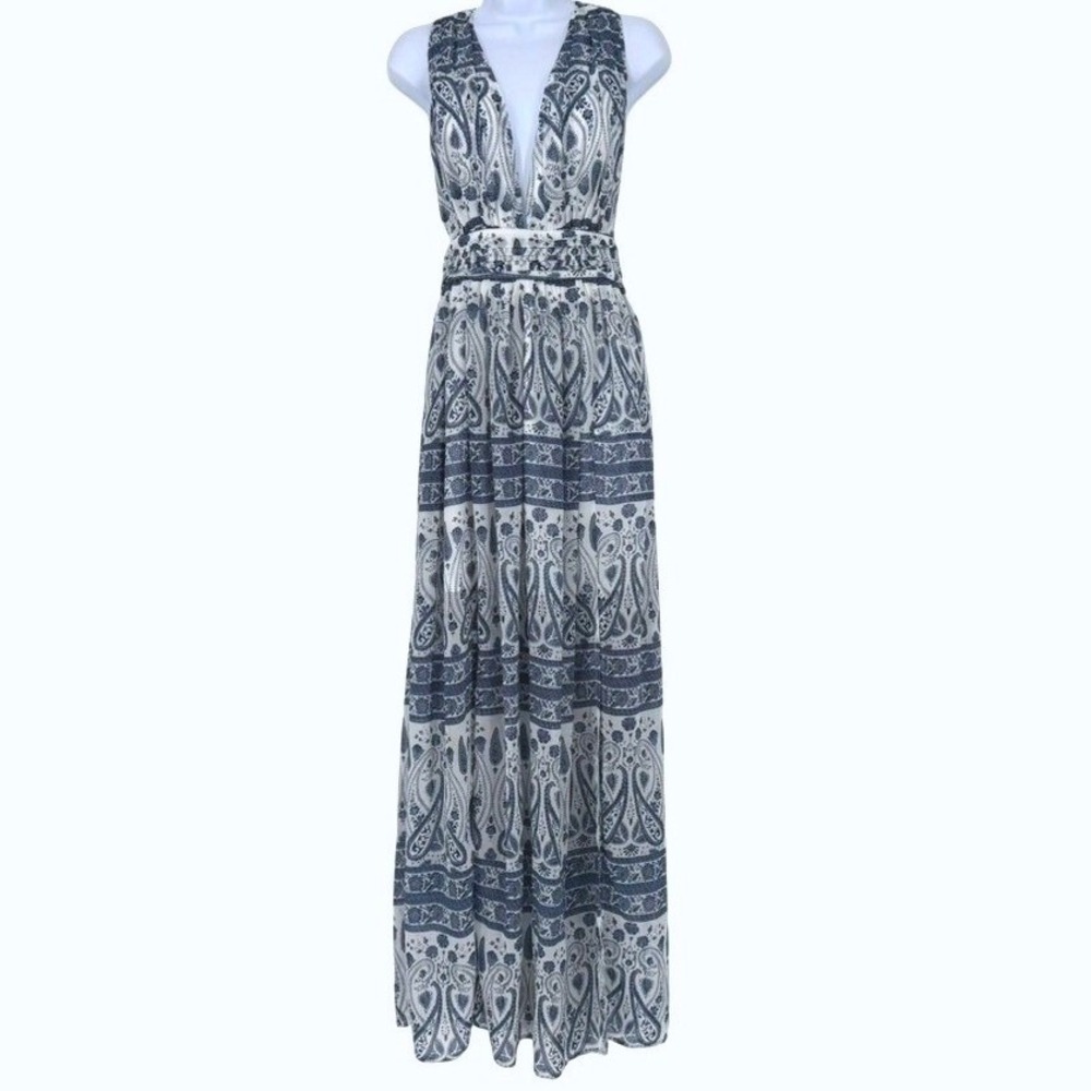 Blue and White Paisley Deep V-Neck T-Back Maxi Dress Boho Grecian Goddess‎ Flowy